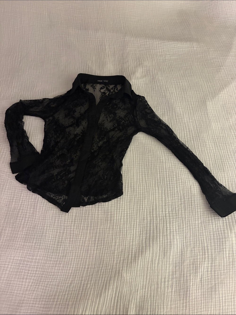 Sheer Lace Button-Front Shirt - Black - Unknown Brand